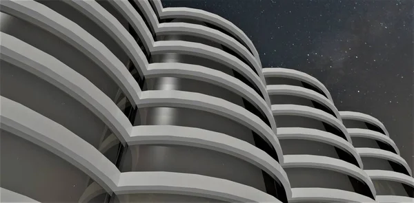 An architectural structure in the form of four combined cylinders, reminiscent of a bulk storage silo. View from below on the background of the night starry sky. 3d rendering.