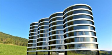 Birkaç tane fütürist depolama silosu. Beton halkalar yan yüklere dayanır. Dayanıklı estetik duvar malzemesi. 3d oluşturma.
