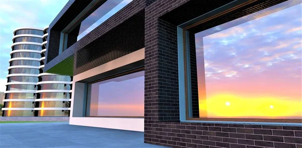 A wonderful dawn is reflected on the windows of the newly built hotel complex. Advanced design and modern facade finishing. 3d rendering.