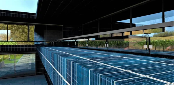 Modern Bir Kır Evinin Gölgeli Balkonunda Fotovoltaik Paneller Var Şık — Stok fotoğraf