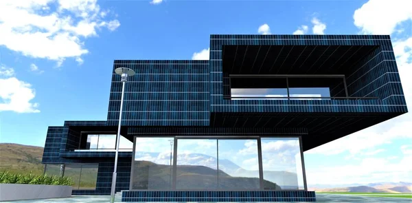 Oszałamiający Wiejski Dom Niezwykłym Kształcie Pokrycie Ścian Fotoelektrycznych Region Ekologiczny — Zdjęcie stockowe
