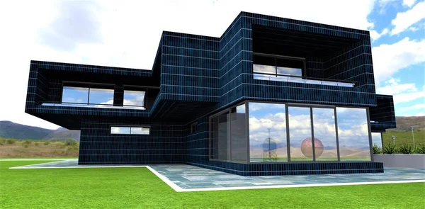 Incrível Casa Suburbana Estilo Futurista Paredes Fotoelétricas Cobrindo Renderização — Fotografia de Stock
