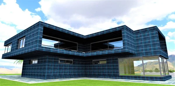 緑のエネルギーのための素晴らしいアイデア 家の壁は太陽光パネルで終えた 3Dレンダリング — ストック写真