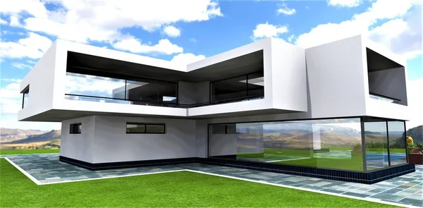 Model Współczesnego Wiejskiego Domu Zielonej Łące Szarym Brukiem Kamiennym Renderowanie — Zdjęcie stockowe
