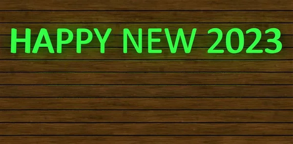 Houten Bord Met Inscriptie Happy New 2023 Groene Lichtgevende Kleur — Stockfoto