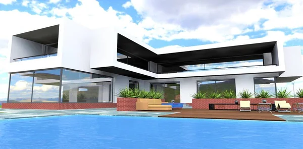 迷人的游泳池边的当代乡村居住 舒适的家具在放松区 长方形阳台 3D渲染 — 图库照片