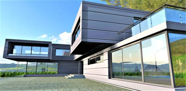 独家设计的精英国家房地产在未来的高科技风格 采用金属化节能复合材料的墙体熔覆 3D渲染 — 图库照片