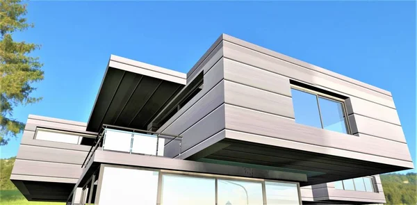 Het Huis Afgewerkt Met Metalen Panelen Tegen Blauwe Lucht Het — Stockfoto