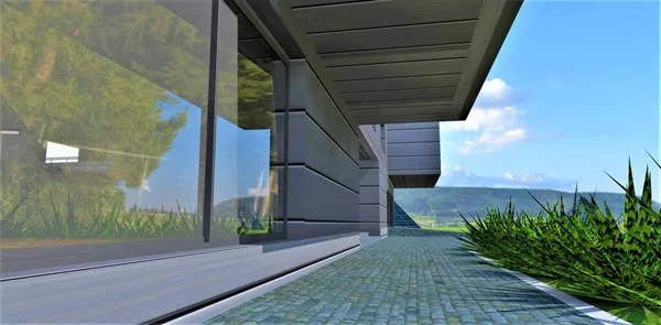 灰色の石で舗装されたブラインドエリア 緑の植物は白い縁石の近くにある 家の大きな反射ガラス 3Dレンダリング — ストック写真