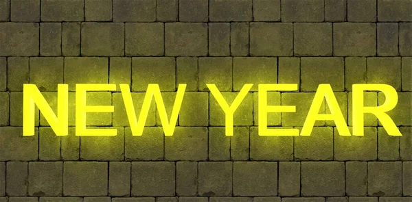 Надпись New Year Glowing Yellow Stone Grey Wall Рендеринг — стоковое фото
