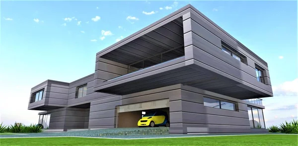 Élégante Maison Banlieue Futuriste Finie Alliage Aluminium Vue Sur Garage — Photo