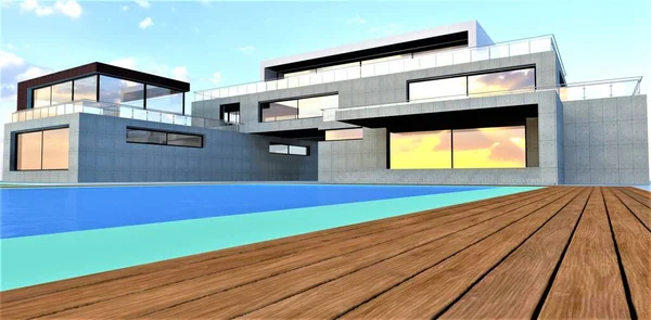 Long Longitudinal Boards Wooden Flooring Yard Concrete House Swimming Pool — Stock Photo, Image