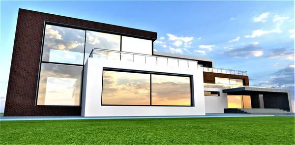 Impressionante Design Casa Suburbana Reflexão Céu Por Sol Janelas Panorâmicas — Fotografia de Stock