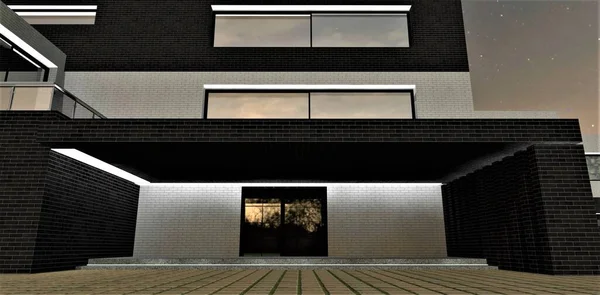夜间照明由耐用环保材料建成的豪华住宅门廊 砖瓦墙装饰 3D渲染 — 图库照片