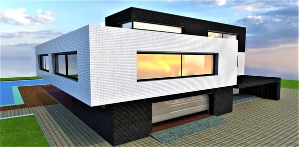 现代设计房子的风格模型是根据老旧的技术原理建造的 吊起车库的铝门 3D渲染 — 图库照片