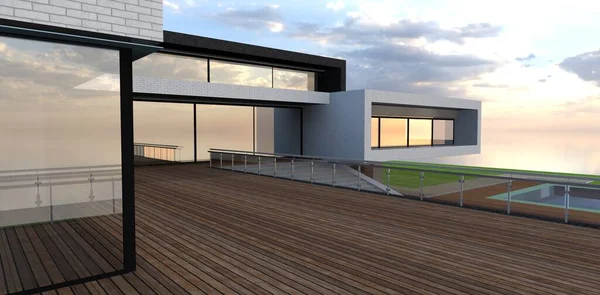 Wooden Terrace Modern Elite House Надежный Стеклянный Забор Стальными Перилами — стоковое фото