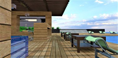 Çağdaş kulüp otelinin bahçesindeki verandanın temel yapı malzemesi olarak ahşap kullanılmış. 3d oluşturma.