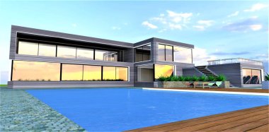 Temiz ve ekolojik bölgede inşa edilen çağdaş villanın çevresinde taşlaşmış, süsleme ve granit kaplamalı mavi muhteşem havuz. 3d oluşturma.