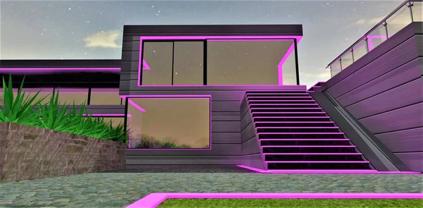ファサードの優雅な紫色の照明や壁の省エネの美的材料で完成した新しい建設国のコテージの縁石 3Dレンダリング — ストック写真