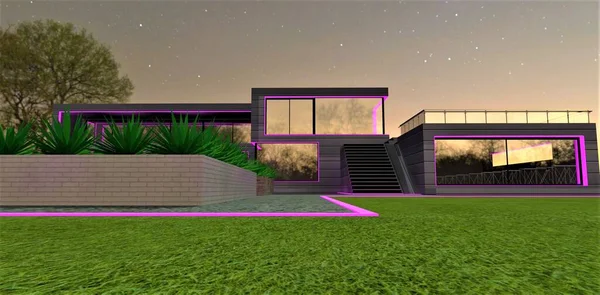 紫色的夜晚Led灯饰 外面是一个豪华的房子 有美丽的绿色草坪和巨大的镜面窗户 3D渲染 — 图库照片