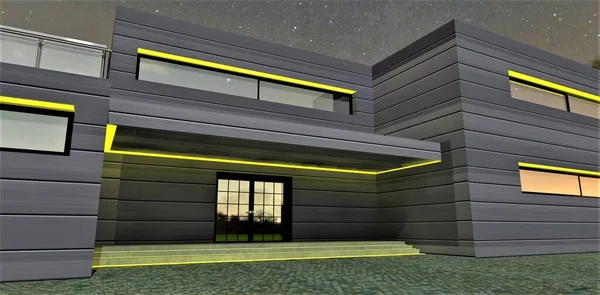 Geceleri Çağdaş Binanın Verandası Alüminyum Panellerle Tamamlanmış Sarı Led Şeritlerle — Stok fotoğraf
