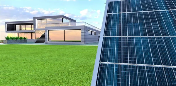 stock image Solar energy as source of the electricity of the contemporary ecological estate. 3d rendering.