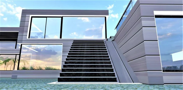 Marmurowe Schody Tarasu Dachu Współczesnego Domu Podmiejskiego Dużymi Oknami Panoramicznymi — Zdjęcie stockowe