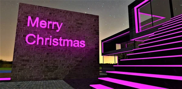 A fresh, unworn Merry Christmas greeting written on a backlit purple stone wall across from a graceful staircase leading up to the terrace of an elite high-tech home. 3d rendering.
