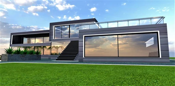 Impressionante Casa Suburbana Con Ampie Finestre Panoramiche Riflettonel Cielo Incredibile — Foto Stock