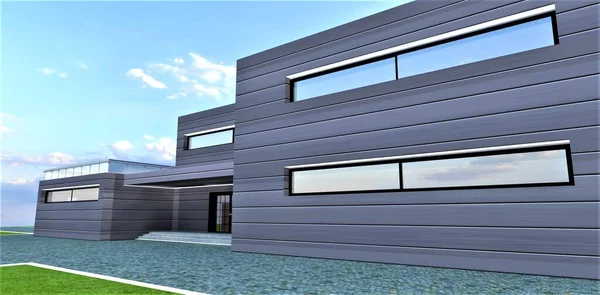 Bâtiment Industriel Moderne Façade Aluminium Larges Fenêtres Haute Altitude Offrent — Photo
