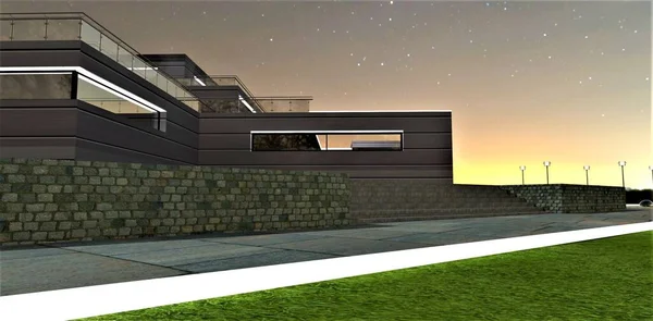 Picturesque Dawn Sky Elite Manor White Luminous Border Separates Lawn — Stock Photo, Image