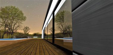 Geceleri özel bir kulüp otelinde havuzu olan çatı güvertesi. Büyük sürgülü cam kapılar. 3d oluşturma.