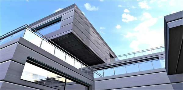 Abstrakcja Architektoniczna Stylu Szkła Aluminiowego Widok Dołu Błękitne Zachmurzone Niebo — Zdjęcie stockowe