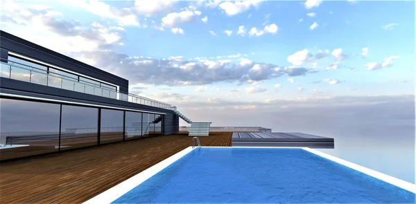 Empty terrace with pool on the roof top of the contemporaty hotel. Nothing is visible because of the fog. 3d rendering.