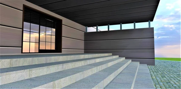 Projektowanie Ganku Prywatnego Domu Szerokie Betonowe Schody Elewacja Poziomymi Metalowymi — Zdjęcie stockowe