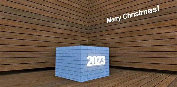 Презентация Стенд Белого Кирпича Рождество 2023 Года Место Подарков Деревянные — стоковое фото