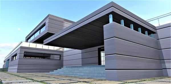 Aluminiowa Weranda Futurystycznego Domu Betonowe Płyty Podłodze Jako Chodnik Renderowanie — Zdjęcie stockowe