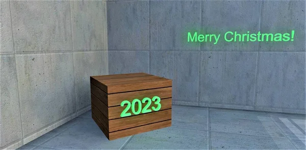 Рождественский Деревянный Стенд Подарка Бетонной Комнате Зеленая Светящаяся Надпись 2023 — стоковое фото