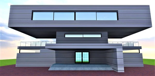ユニークなデザインに従って構築された先進的な国の家族のコテージ 広い平らな天蓋付きのポーチの眺め 3Dレンダリング — ストック写真