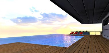 Yüksek katlı lüks bir apartmanın çatı katında yüzme havuzlu çatı katından muhteşem manzaralar. 3d oluşturma.