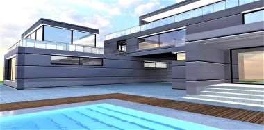 Çağdaş banliyö evinin avlusunda su altı basamakları olan havuz. Beton merdivenli ve cam kapılı verandanın manzarası. 3d oluşturma.