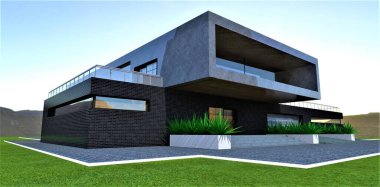 Temiz ve nadir bulunan dağlık bir bölgede inşa edilmiş akıllı bir kulübenin özel tasarımı. Bitiş malzemesi olarak granit ve siyah tuğla. 3d oluşturma.