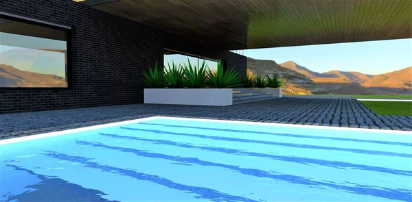Exit from the pool along the luminous steps to the porch of a country private cottage built according to a modern design in the sunny mountains of Southern Italy. 3d rendering.
