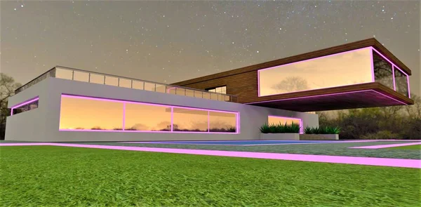 Purple illumination of the contemporary house at night. Glowing walkway borders looks good on the grenn lawn under the starry sky. 3d rendering.