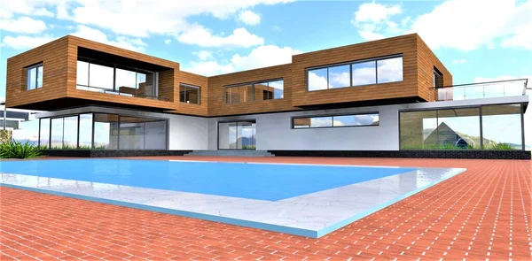 Stunning pool with white marble border in the yard of the suburban house. Red brick pavement. 3d rendering.