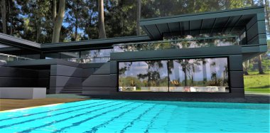 Tropikal ormanda modern bir teknolojik evin tasarımı. Muhteşem havuzun panoramik penceresinden parlak adımlarla bak. 3d oluşturma.