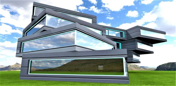 Futuristic unusual shape house constructed on the green lawn in the mountains. 3d rendering.