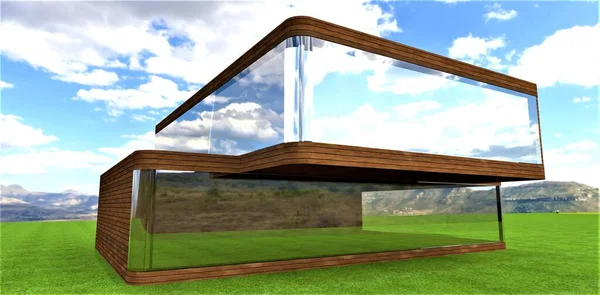 The concept of an affordable family home of the future. Natural lawn indoors. Full all-round visibility through panoramic windows. Facade board as wall decoration. 3d rendering.
