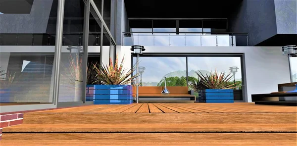 A wooden platform covered with a terrace board with comfortable furniture near a glass stained-glass window in the courtyard of a private city estate. 3d rendering.
