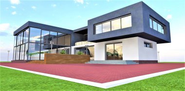 Çağdaş ev tasarımı. Cam kapılı ve beton basamaklı verandanın manzarası. Ted Brick kaldırım taşı. 3d oluşturma.